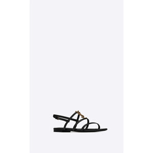 SAINT LAURENT Cassandra Flat Sandals in Smooth Leather with Gold-Tone Monogram - ElizabethBeautyProducts.com